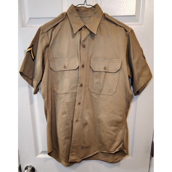 Vtg 60s Military Mens Small 1960 Khaki Field Button Shirt USA 15.5x32-Army - Picture 1 of 10